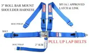 3" BLUE RACE HARNESS PULL UP LAP BELTS LATCH & LINK ROLL BAR MOUNT SFI 16.1
