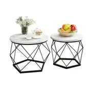 2 Round Coffee Table Set Sofa Bed Side End Nightstand Tea Cafe Cocktail Lounge Lamp Modern Black Metal Faux Marble Top