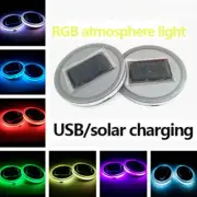 Pair 68mm Round Solar+USB Charging Car Cup Holder Bottom 7 Color RGB LED Lights