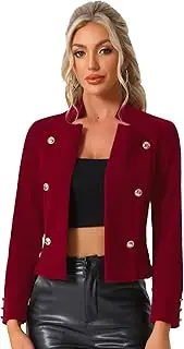 [Allegra K] Velvet Jacket for Women's Vintage Stand Collar Open Front Button Decor Jacket