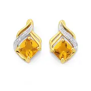 9ct Gold Citrine & Diamond Cushion Swirl Stud Earrings in Yellow