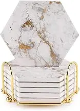 6 Pieces Marble Coasters for Drinks, Absorbent with Cork Base, Hexagonal Drink Coasters for Wooden Table with Metal Holder, Golden Ceramic for Home Decor (Gold Set of 6 03)