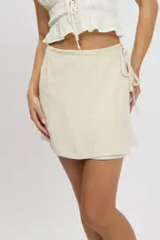 Beige Wrap Skirt High Rise Mini Linen Blend - Size 6XXS, Women's A Line Skirt