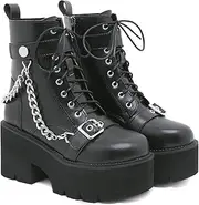 [GooMaShoes] Women's Black Lace up Goth Platform Boots, Chunky Block Ankle Gothic Combat Boots, Cosplay Fashion Punk Boots Shoes