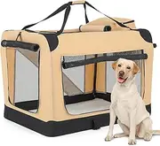 MoNiBloom 35 Inch Soft Travel Dog Crate w/Carrying Bags and Mat, 3 Door Soft Sided Dog Kennel w/Chew Proof Mesh for Camping, Beige