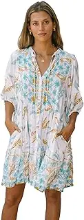 [Heychic] Women's 2025 Bohemian Summer Button Down V Neck Puff Sleeve Flowy Mini Dress