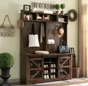 Space-Saving Entryway Organizer – Farmhouse Coat Rack Bench with Storage