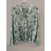 Vince Top Women's Large Blue Green Floral Crushed Satin Pleated Split Neck NWT