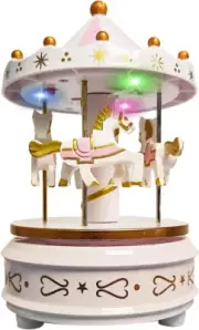 Carousel Music Box, White 4-Horse Classic Design with LED Light Show Playing Bee