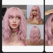 Kellynee Short Curly Pink Bob Wig with Fringe Medium Length Curly ,AM11