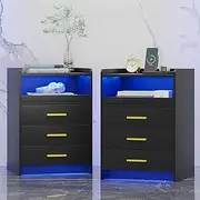Dystler Nightstand Set of 2 with Wireless Charging Station Bedside Table with RGB Light & Human Sensor Design 3 Drawers LED Modern Night Stand End Table for Bedroom Livingroom Office- Black