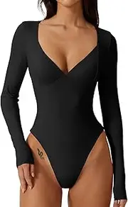[QINSEN] Women's Long Sleeve Bodysuit V Neck Body Suits Seamed Cup Going Out Tops Shirt