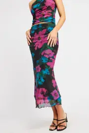 Multi Floral Mesh Skirt Elasticated Picot Trim Midaxi - Size 10S, Women's Bodycon Skirt