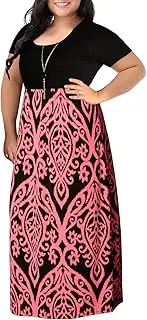 [Nemidor] Women's Chevron Print Summer Short Sleeve Plus Size Casual Maxi Dress(Pink,26)