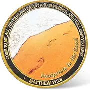 Footprints in The Sand Christian Challenge Coin - Zinc Alloy 1.57 Inch Inspirational Gift with Transparent Case, Matthew 11:28 Verse ﻿ ﻿