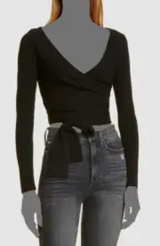 $375 Alice + Olivia Women's Black "Antonia" V-Neck Cropped Wrap Sweater SIze L