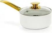 Holstein Housewares White Ceramic Nonstick 2.5QT Saucepan Pot with Lid and Gold Stainless Steel Handle, Dishwasher Safe, PFAS Free