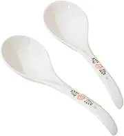 Spoon Set of 2 Porcelain Soup for Soup, Dumpling, Wonton, Cereal White Ceramic Spoon with Printed Elegant Porcelain Egg Shaped Spoons Cuchara(Small)