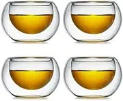 Mini Glass Teacups, Irregular Shape Crystal Clear Glass Kung Fu Teacup, Small Water Tumbler, Chinese Tiny Tea Tasting Cup Set, 50mL (Double Wall Clear, 4pcs)