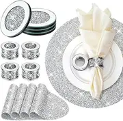 Dandat 12 Pcs Silver Napkin Rings Silver Rhinestone Placemat Glass Mirrored Coaster Set Includes 4 Circle Placemats 4 Glass Coasters 4 Glass Napkin Holder for Dinning Table Wedding Banquets (Round)