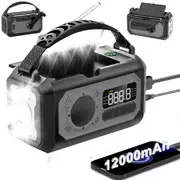 12000mAh Emergency Hand Crank Portable Solar AM/FM/NOAA Weather Radio with 2 Solar Panels,SOS Alarm,Flashlight,Phone Charger,Compass,Reading Lamp,Black
