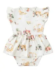 [Snuggle Hunny] Diggers And Tractors Short Sleeve Organic Dress in White