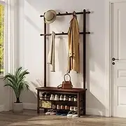Hall Tree, Coat Rack with Shoe Storage, Wooden Hall Tree with Bench, 11 Hooks and 2-Tier Storage Shelves, Entryway Bench with Coat Rack (31.5" - Deep Walnut)
