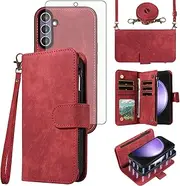 [Asuwish] Phone Case for Samsung Galaxy S23 FE 5G Zipper Wallet Detachable Magnetic Cover with Tempered Glass Screen Protector Crossbody Lanyard Strap Flip Card Holder Slot S 23 EF S23FE 23S Women Red