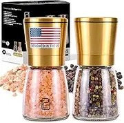 JCPKitchen Gold Salt and Pepper Grinder Set - Golden Salt and Pepper Shaker Mill - Brass Pepper Grinders Refillable - Adjustable Coarseness - Sea Salt, Black Peppercorn