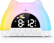 OQIMAX Kids Alarm Clock Cat Alarm Clock Bedside with 11 RGB Color Night Light Toddler Sleep Training Digital Clocks with 10 Alarm Sounds 5 Brightness Adjustment Plug-in OK to Wake Clock for Boys Girls