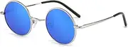 HMKING Small Retro Metal Round Frame Polarized Sunglasses for Mens Womens Retro Mirrored Lens Sun glasses for Driving Fishing, Sliver-blue