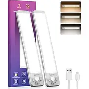 2 Pcs Under Cabinet Lighting 72 LED 2200mAh Rechargeable Motion Sensor Light Indoor 3 Color Temps 5 Brightness Dimmable Magnetic Wireless Closet Lights Counter