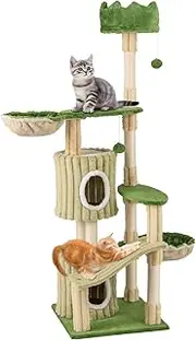 Large Cute Cat Tree, 160cm Tall Kitty Tower w/ 2 Condos, Plush Top Perch, 2 Basket Beds, Sisal Scratching Posts, 2 Dangling Balls, Slide Platform, Multi-Level Pet Furniture Activity Center