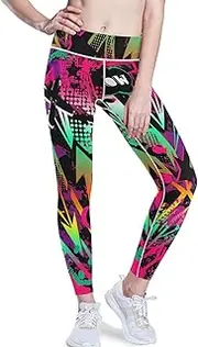 [GuoChe] Printed Yoga Leggings for Women High Waist 1970s Disco Retro Grunge Graffiti Joggers High Waisted Yoga Pants for