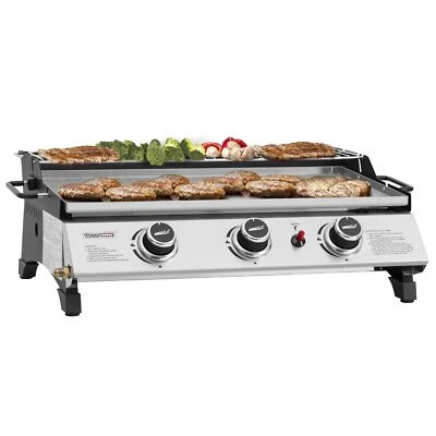 3-Burner Tabletop Propane Gas Grill Griddle with Warming Rack, 24-Inch Stainl...