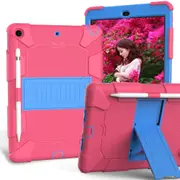 Silicone+PC Case 3-Layer Anti-fall Protective Cover Tablet Stand For iPad 7 10.2 inch(2019)-2hotpink blue