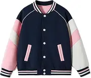 [Rolanko] Girls Boys Baseball Jacket Varsity Style School Sweatjacket with Pockets Bomber Coat Outwear for Kids