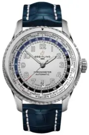 Breitling Aviator 8 Unitime Automatic Mercury Silver Dial Blue Strap Mens Watch