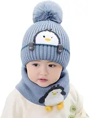 [Lifenanny] Toddler Winter Knit Beanie Hat Scraf Set, Cute Cartoon Penguin Soft Warm Infant Hat with Pompom for Baby Boys Girls 1-3 Years