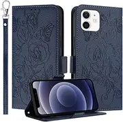 JanCalm for iPhone 12 Mini Case Wallet,[RFID Blocking][Card Cash Slots][Wrist Strap] Floral Butterfly Cute Pattern Leather Protective Stand Flip Cases Cover for iPhone 12 Mini (Dark Blue)