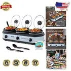Stylish Triple Slow Cooker Buffet Server with Lid Rests & Liners - Easy Cleanup