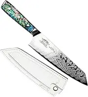 Damascus Kiritsuke Chef Knife, 8.25"/21cm, AUS-10 Steel, Clear Resin Handle - Leather Sheath Included