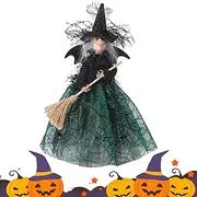 Witch Dolls with Broom | Witches with Hat Mesh Dresses Tree Toppers - Desktop Decoration Doll Ornaments Halloween Witch Tree Topper for Desktop Treetop Fireplace Halloween
