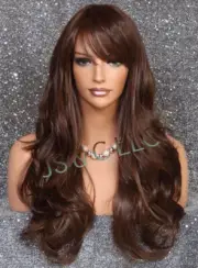 Human Hair Blend Full Wig Long wavy bangs Heat OK Brown mix WBKT 4-27-30