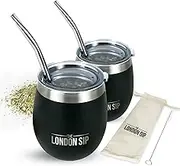 Here & Now Yerba Mate Cup and Bombilla Set | 2 Gourds, Spill Resistant Lids & Straws | Brush & Pouch Included | Yerba Mate Kit With Tea Cups (Black)