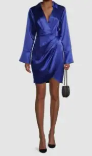 $195 Aidan Mattox Women Blue Draped Satin Shirt Dress Size 4
