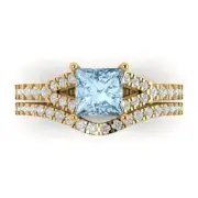 2.01 Princess Cut Blue Promise Bridal Ring Band set Curved 14k Yellow Gold