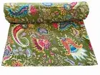 Kantha Green Quilt Indian Cotton Blanket Hippie Quilted Bedspread Indian Queen