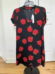NWT $129 SANCTUARY Black Paris Rose Floral Keyhole Neck Shift Mini Dress Size S