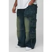 Mens Mid Wash Plus Baggy Rigid Multi Pocket Strap Detail Cargo Jeans